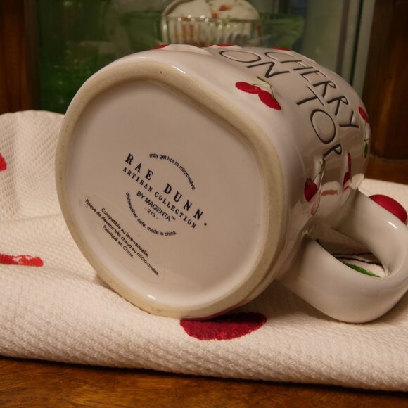 Adorable Rae Dunn Cherry on Top mug with Kate Spade Cherries kitchen towel - Picture 4 of 11